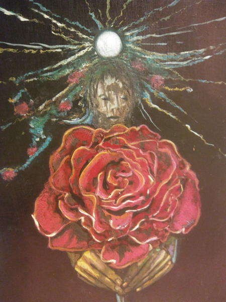 Postać trzymająca czerwoną różę; autoportret w procesie tworzenia