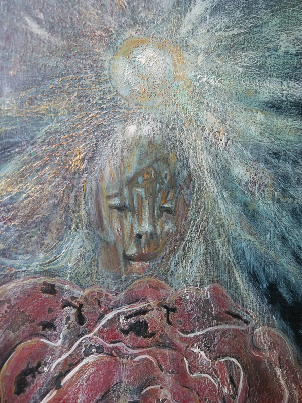 Twarz postaci z świetlistą kulą nad głową; fragment autoportretu