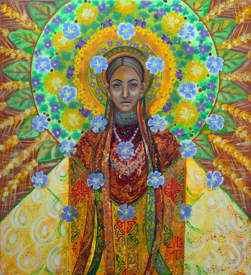 "Macierz" - kobieta w sukni, w wieńcu z kwiatów polnych na głowie; na pierwszy planie mozaika z kwiatów lnu