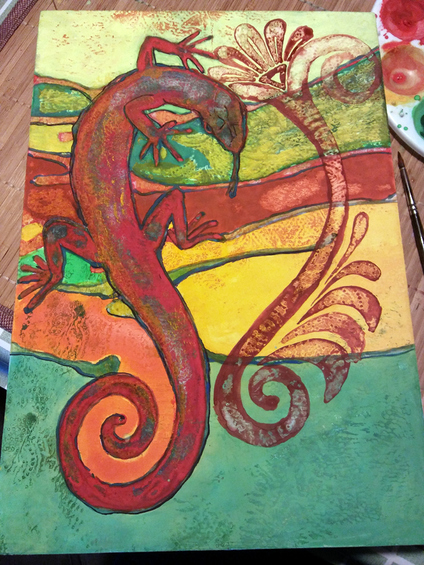 czerwona jaszczurka i motyw roślinny na tle zielonych pasów; portret duszy w procesie
