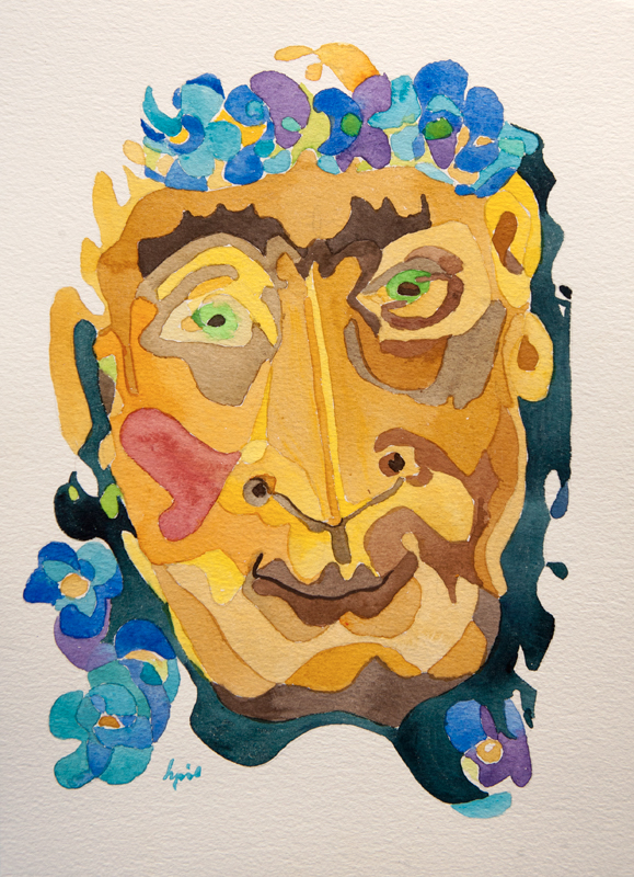 Apollo - tempera na papierze; uśmiechnięta twarz w wieńcu z kwiatów
