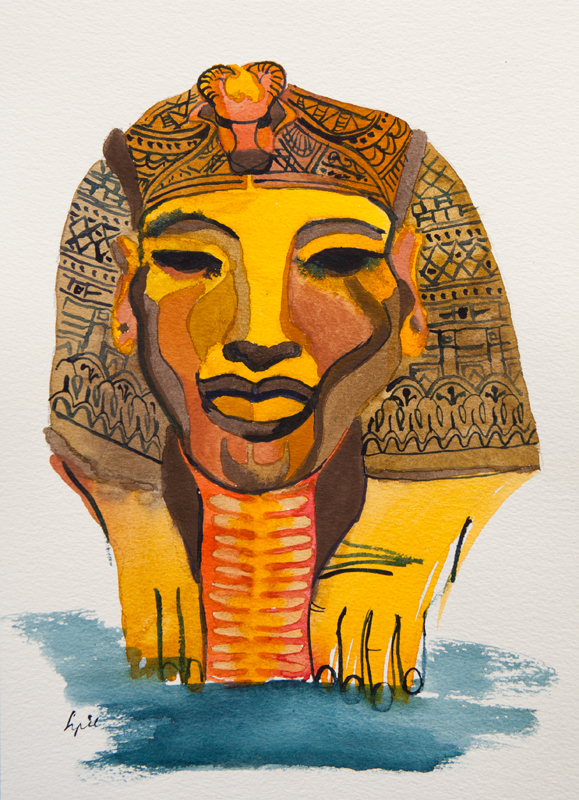 Faraon, bogini Hator; tempera na papierze