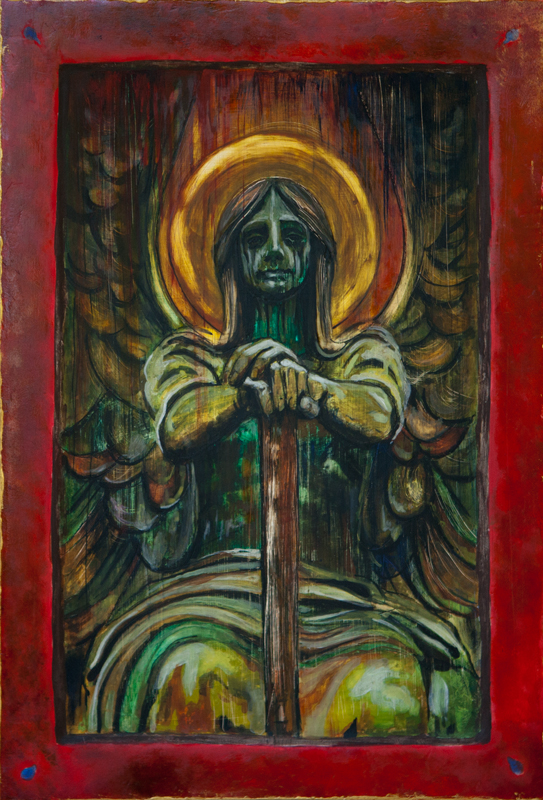 "Waga", portret duszy; postać anioła; tempera na desce; Dorota Szpil, 2020
