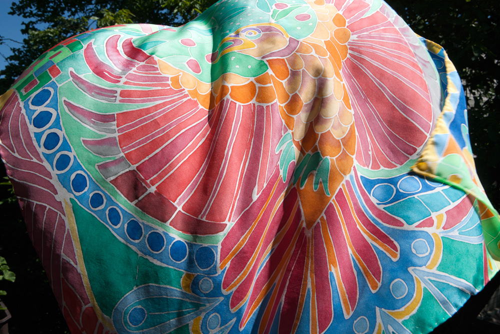 Żar-ptak, ręcznie malowana jedwabna apaszka